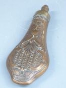 G & J W Hawksley copper and brass powder flask with embossed decoration to both sides, 21cm long.