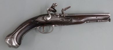 Lazari flintlock hammer action coat pistol with steel butt cap, trigger guard and mounts, inlaid