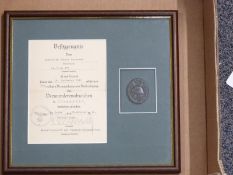 German Third Reich Nazi wound badge, framed and mounted with certificate