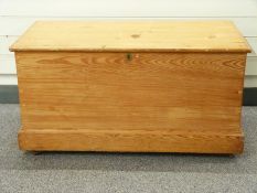 Pine trunk with metal handles raised on castors, W94 D46 H48cm