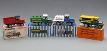 Four German diecast model vehicles comprising Henschel LKW 1926, Conrad Oldtimer Omnibus and Ziss-