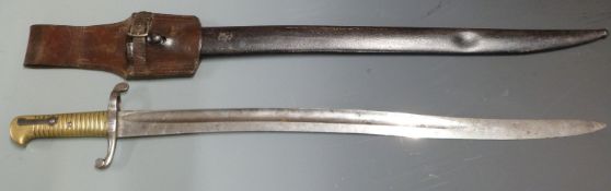 British 1853 pattern Artillery sword bayonet with brass grips stamped 7.B.R.A and 912 to crosspiece,