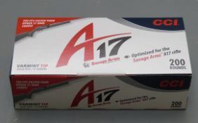 Two-hunded Savage Arms A17 Varmint Tip .17 HMR rifle cartridges, sealed in original boxes. PLEASE