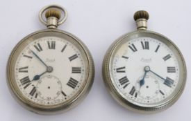 Two British Railways Midland region Limit keyless winding open faced pocket watches, both with
