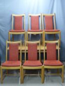 Ercol light elm refectory table with six upholstered chairs, W150 D92 H72cm