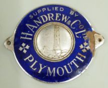H.Andrew & Co. Plymouth vintage car enamel dashboard suppliers plaque, width 6cm