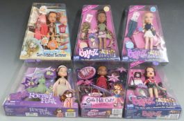 Six MGA Bratz dolls with various outfits, all in original boxes.