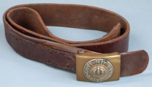 WWI Prussian brass belt buckle with 'Gott Mit Uns' logo and leather belt