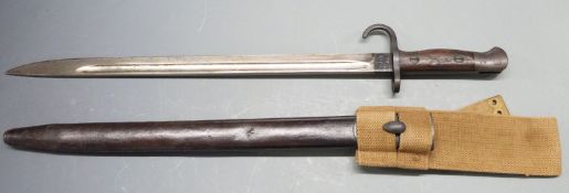 British Army Wilkinson 1907 pattern bayonet with hooked quillon and clean stamps to ricasso, with