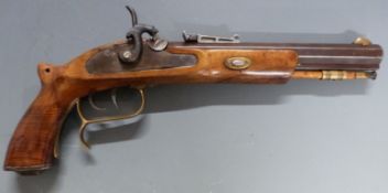 Mendi .45 percussion hammer action pistol with engraved hammer, brass spurred trigger guard, steel