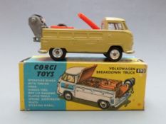 Corgi Toys diecast model Volkswagen Breakdown Truck with olive green body, red interior, chrome