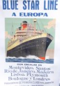 Reproduction Blue Star Line shipping poster on canvas, 105 x 68cm