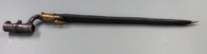 British 1853 pattern socket bayonet, some clear stamps to 44cm blade, with scabbard