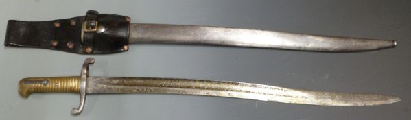 British 1853 pattern Artillery sword bayonet with brass grips and marked V over CPA indicating issue