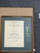 German Third Reich Nazi Mother's Cross, framed with certificate
