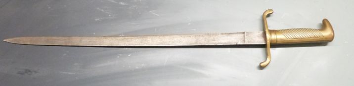 German 1871 style presentation bayonet with brass grip and crosspiece and lightly etched 47cm blade