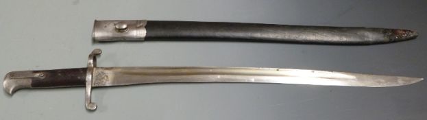 British 1856 pattern sword bayonet with wooden grips, 51.5cm yataghan fullered blade and scabbard