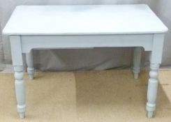 Grey painted pine table with drawer, W115 D59 H70