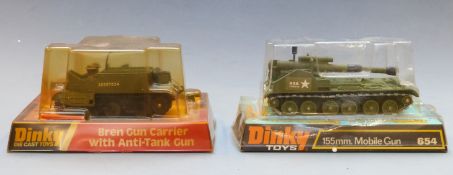 Two Dinky Toys diecast model military vehicles Bren Gun Carrier with Anti-Tank Gun 619 and 155mm