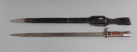 German S98 pattern sawback bayonet with one piece wooden grip, some clear stamps for Erfurt,