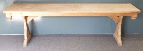 A 19thC pine hallway/buffet or dining table with two plank top (widest plank 55cm), turned drop