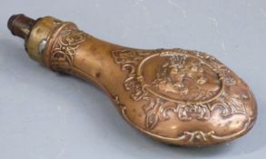 G & J W Hawksley copper and brass powder flask with embossed decoration of horses to one side and