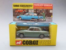 Corgi Toys diecast model Rover 2000 TC with 'Take-Off Wheels', 'Golden Jacks', metallic green body