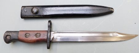 British No8 pattern knife bayonet with shaped wooden grips, 20cm fullered 'bowie' style blade and