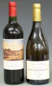 Two bottles of french wine. Les Fontaines grande reserve Puligny-Montrachet 2011 white wine,