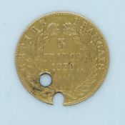 Napoleon III 1859 gold 5 franc coin, holed, 1.5g
