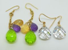 A pair of silver gilt earrings with drop pear briolette cut quartz and a pair of 14ct gold earring