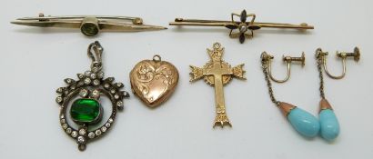 A 9ct gold bar brooch set with sapphires and a pearl, a 9ct gold brooch set with a peridot, earrings