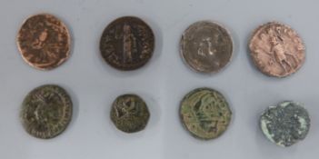 Seven bronze Roman coins and one other, largest approximately 20mm diameter