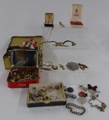 A collection of jewellery including Ronson lighter, buttons, silver ring etc