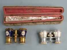 Duvelleroy 19thC mother of pearl and lace fan in in named fitted case, opera glasses by Lemaire,