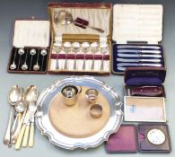 Cased set of six hallmarked silver handled knives, silver plated salver with inset cheeseboard,