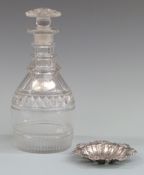Regency cut glass decanter, Georgian hallmarked silver port bottle ticket or label maker's mark TH
