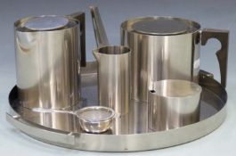 Arne Jacobsen for Stelton Danish designer stainless steel tea set on tray, width of tray 36cm,