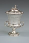Georgian hallmarked silver twin handled hare coursing trophy, the lid with greyhound or similar