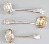Three 19thC and earlier hallmarked silver sugar sifter ladles, one Edinburgh 1835, another London