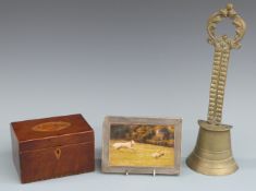 Hallmarked silver photograph frame to suit 6 x 4 inch photo, Georgian tea caddy and a brass door