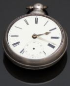 Hallmarked silver open faced pair cased pocket watch woth subsidiary seconds dial, gold hands, black