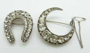 Victorian horseshoe brooch (3.3 x 3.5cm) and Victorian crescent brooch (4cm diameter), both set with