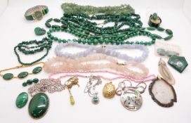 A group of malachite jewellery to include five necklaces, two bracelets, watch, three quartz
