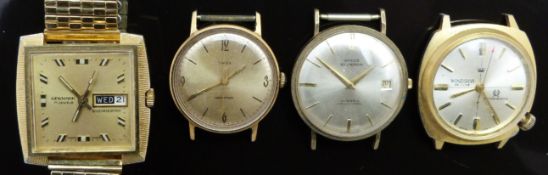 Four gold plated gentleman's wristwatches comprising Timex, Swiss Emperor, Windsor De Luxe and