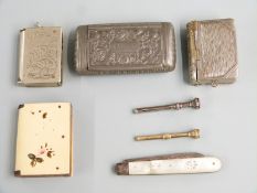 Three vesta cases, snuff box, hallmarked silver and mother of pearl folding knife, propelling pencil