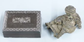 Bronze figure of a boy sledging, probably Russian, length 8cm, and a hinged bronze or similar box