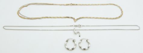 A 9ct white gold necklace, a 9ct gold ribbon necklace and white gold earrings, 6.6g