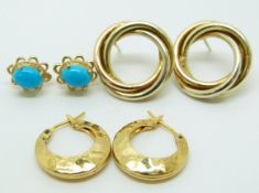 A pair of 9ct gold earrings, a pair of yellow metal earrings (10.6g) and a pair of Monet earrings