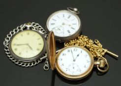 Three pocket watches comprising one gold plated keyless winding full hunter with inset subsidiary